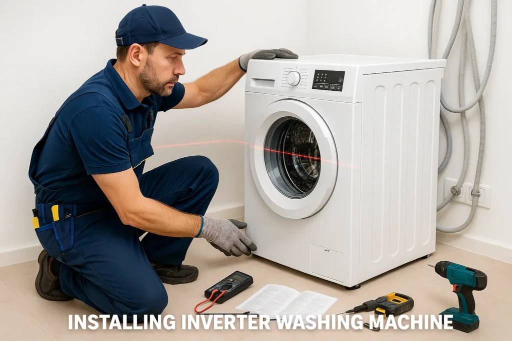 Máquina De Lavar Inverter: 12 Vantagens Comprovadas E Guia Técnico Completo 7 Técnico Instalando Máquina De Lavar Inverter Com Nível A Laser E Ferramentas Técnicas.