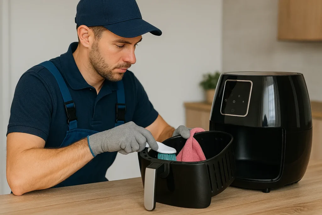 Air Fryer Digital: 12 Segredos Técnicos Que Transformam O Uso E Manutenção Do Aparelho 6 Técnico Uniformizado Limpando A Cesta Da Air Fryer Digital Com Escova E Pano De Microfibra Em Ambiente Doméstico.
