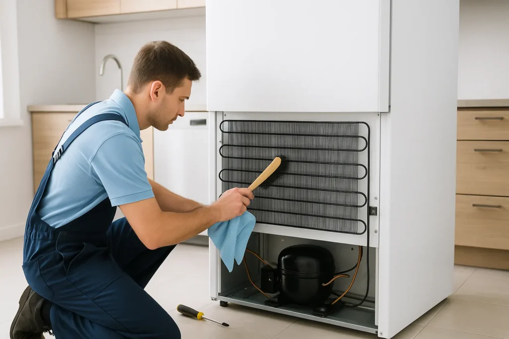 Compressor De Geladeira Não Liga: 15 Testes E Soluções Que Salvam Do Prejuízo 7 Técnico Limpando A Grade Traseira Da Geladeira Com Escova Em Cozinha Moderna