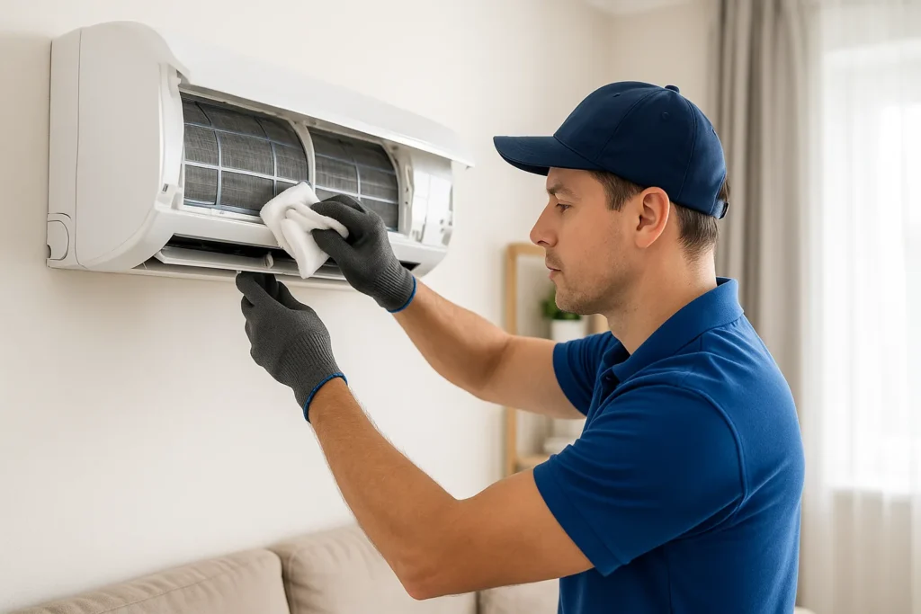 Técnico Limpando Ar-Condicionado Split Em Sala De Estar Residencial Organizada