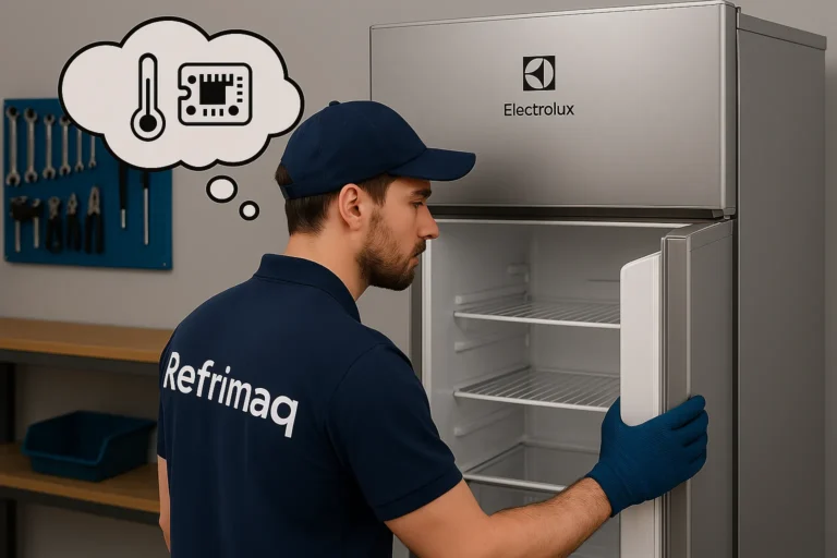 Técnico Da Refrimaq Inspeciona Geladeira Electrolux Aberta Em Oficina Organizada, Com Ícones De Diagnóstico Acima