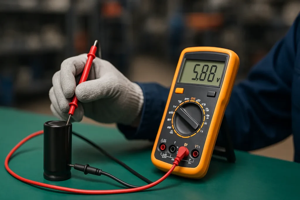 Como Testar O Capacitor: 8 Métodos Profissionais Para Máquinas De Lavar E Ar-Condicionado 5 Técnico Com Luvas Testando Capacitor Com Multímetro Digital Em Bancada Técnica