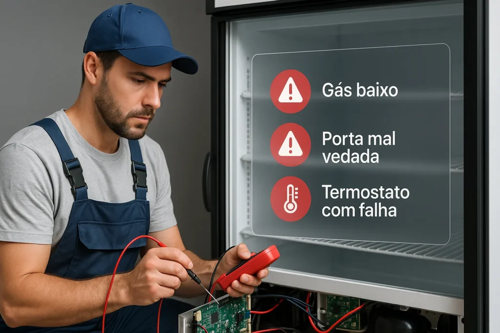 Geladeira Expositora: 18 Informações Essenciais Para Escolha, Uso E Manutenção Profissional 9 Técnico Usando Multímetro Em Placa De Geladeira Expositora Desligada Com Tela Flutuante De Erros