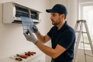 Técnico uniformizado limpando filtro de ar-condicionado split em ambiente residencial iluminado com ferramentas e escada ao lado