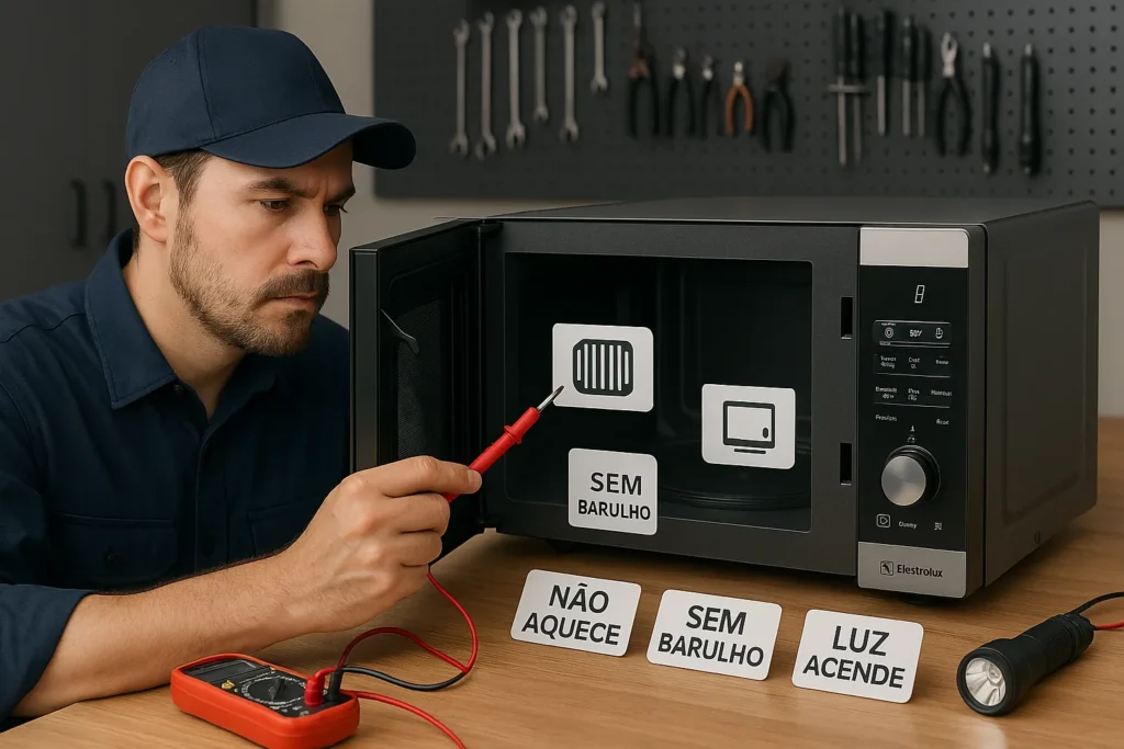 Microondas Electrolux Não Esquenta: 15 Soluções Testadas Que Funcionam 2 Técnico Concentrado Testa Um Micro-Ondas Electrolux Desligado Com Porta Entreaberta Em Bancada Com Ferramentas E Etiquetas De Falha.