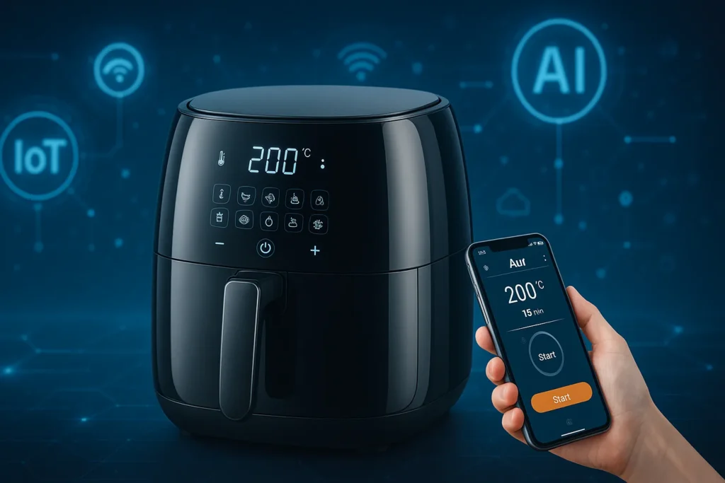 Air Fryer Digital: 12 Segredos Técnicos Que Transformam O Uso E Manutenção Do Aparelho 12 Air Fryer Digital Touchscreen Conectada Via App, Com Fundo De Ícones De Iot E Inteligência Artificial