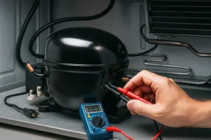 Técnico testando compressor de geladeira com multímetro digital em bancada de oficina