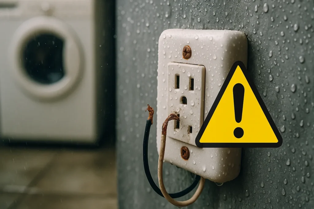 Tomada Queimada Ou Derretida: 8 Causas Perigosas E Soluções Seguras 8 Tomada Oxidada Em Lavanderia Úmida Com Fios Expostos E Símbolo De Alerta