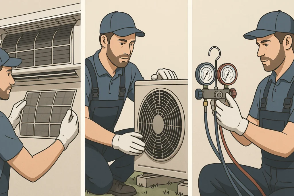 Ar Condicionado Manutenção: 12 Passos Essenciais Que Todo Técnico E Usuário Precisa Dominar 4 Tutorial Ilustrado Mostrando Técnico Limpando Filtro, Inspecionando Unidade Externa E Usando Manômetro