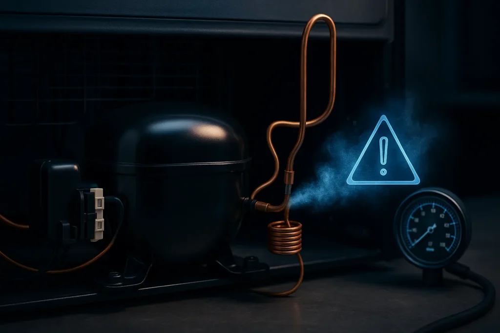 Geladeira Electrolux Não Liga: 16 Causas E Soluções Testadas Por Técnicos 5 Vazamento Visual Em Tubo Capilar Com Névoa Digital Azul E Alerta No Compressor Da Geladeira