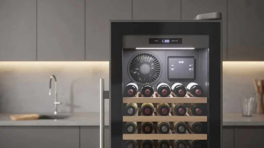Adega Climatizada Não Refrigera: 7 Defeitos Mais Comuns E Como Resolver 1 Vista Frontal De Uma Adega Climatizada Moderna Com Garrafas De Vinho Organizadas Em Prateleiras De Madeira, Localizada Em Uma Cozinha Sofisticada.