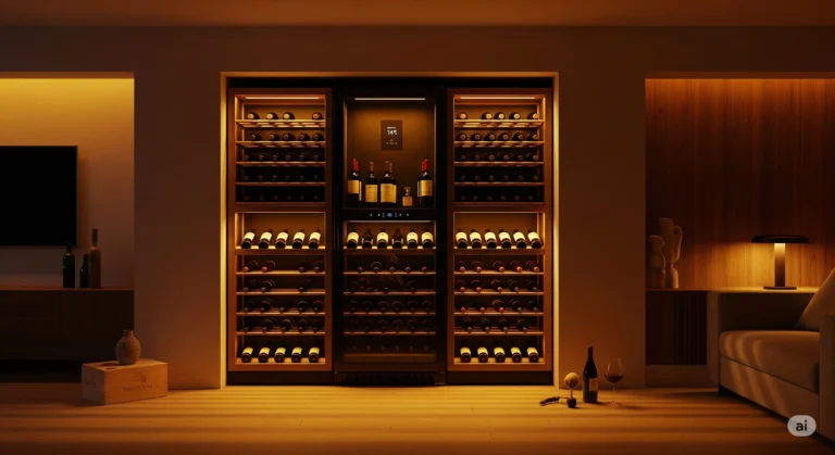 Grande Adega De Vinhos Climatizada Embutida Em Parede De Sala Elegante, Com Iluminação Quente E Ambiente Sofisticado.