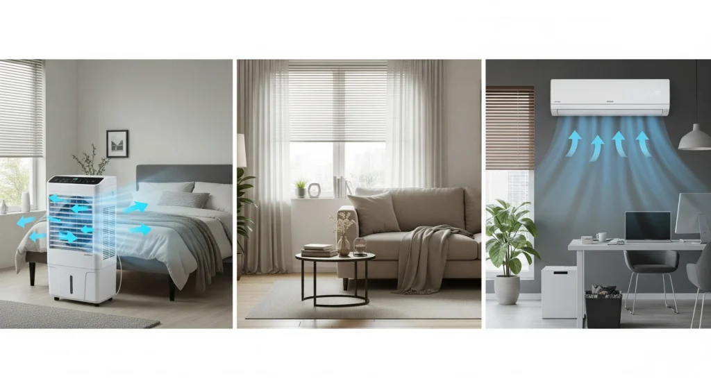 Ar Condicionado Ou Climatizador: 7 Diferenças Cruciais Que Definem A Escolha Certa 5 Ilustração Com Três Ambientes Diferentes E O Tipo Ideal De Refrigeração Para Cada Um.