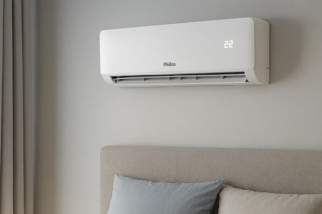 Ar Condicionado Que Gasta Menos Energia: 9 Modelos Que Economizam Até 70% Na Conta De Luz 1 Ar-Condicionado Philco Instalado Em Um Quarto Moderno Com Temperatura Ajustada Em 22°C.