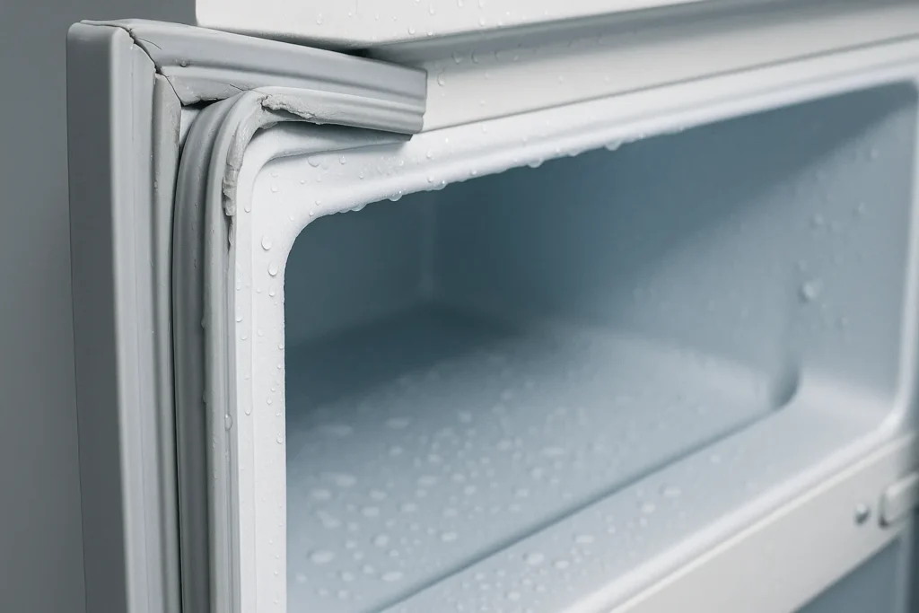 Freezer Não Congela Direito: 14 Defeitos Mais Comuns E Como Resolver Cada Um 3 Close-Up Da Borracha Danificada Na Porta Do Freezer Com Gotas De Condensação Visíveis.