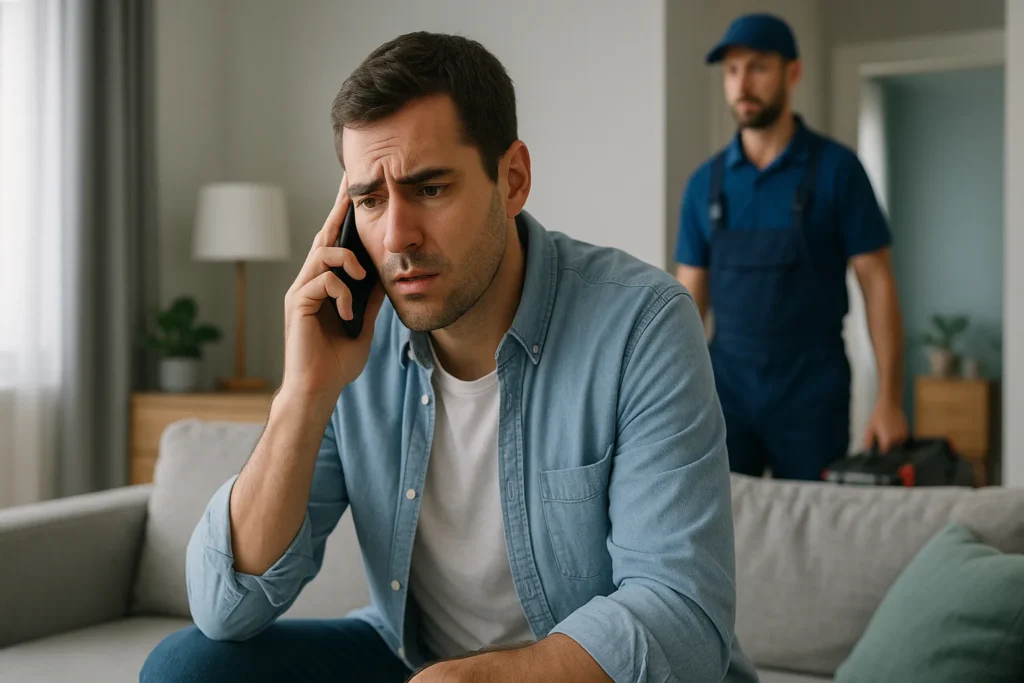 Ar Condicionado Não Liga: 16 Causas E Soluções Testadas Por Técnicos 6 Cliente Preocupado Ao Telefone Enquanto Técnico De Manutenção Chega Com Caixa De Ferramentas.