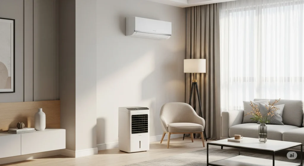 Ar Condicionado Ou Climatizador: 7 Diferenças Cruciais Que Definem A Escolha Certa 1 Cena Realista De Sala Moderna Com Ar-Condicionado Na Parede E Climatizador Ao Lado De Uma Poltrona.