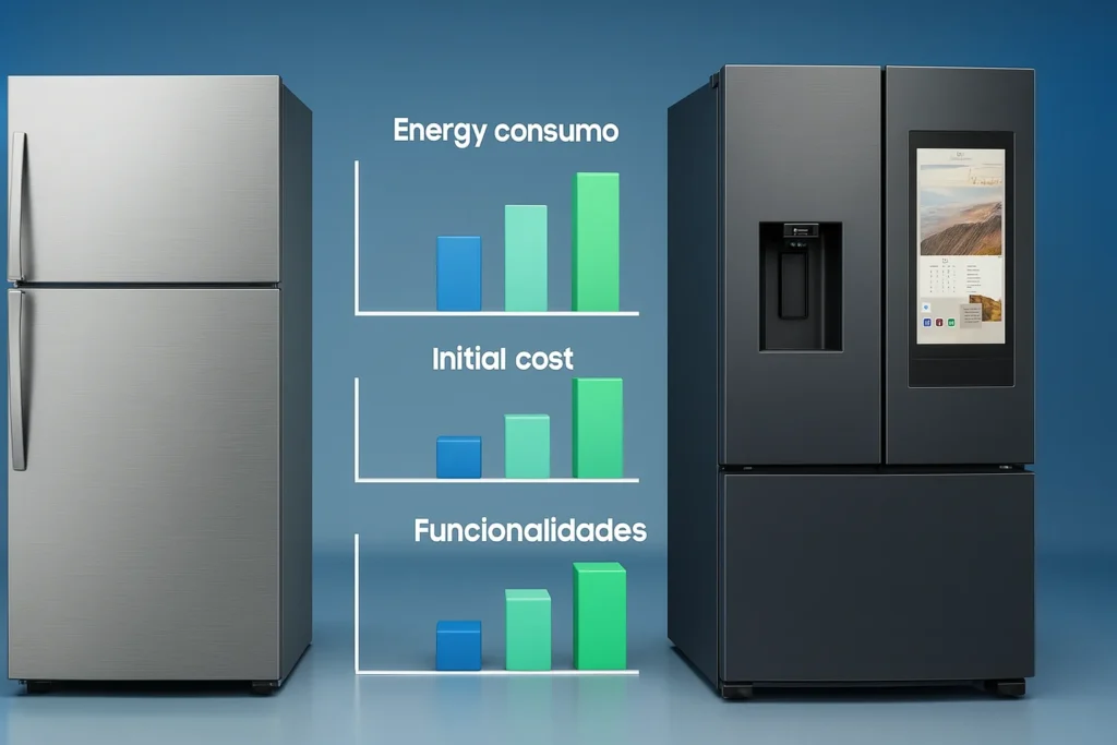 Geladeira Smart Vale A Pena? 15 Funções Inteligentes E Quando Realmente Compensam O Investimento 5 Comparação Visual Entre Geladeira Tradicional E Smart Com Gráficos De Consumo, Custo E Funcionalidades.