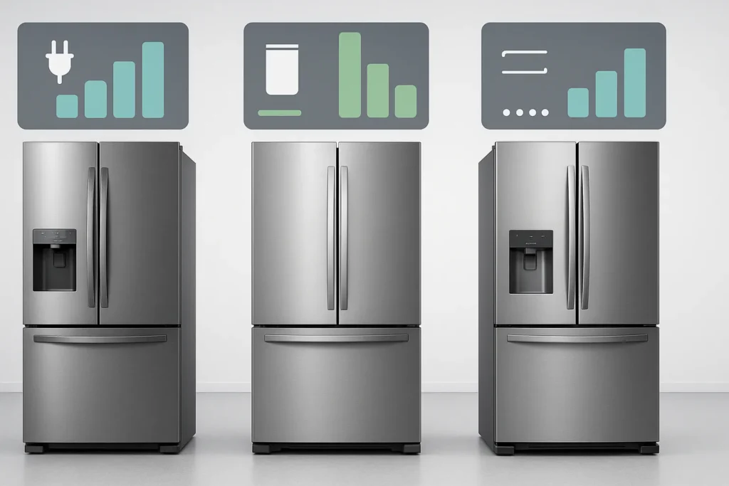 Geladeira Inverse Economiza Mesmo? 9 Verdades Que Ninguém Conta Sobre A Tecnologia 9 Comparativo De Três Geladeiras Inverse Lado A Lado Com Gráficos Flutuantes Destacando Consumo, Capacidade E Recursos.