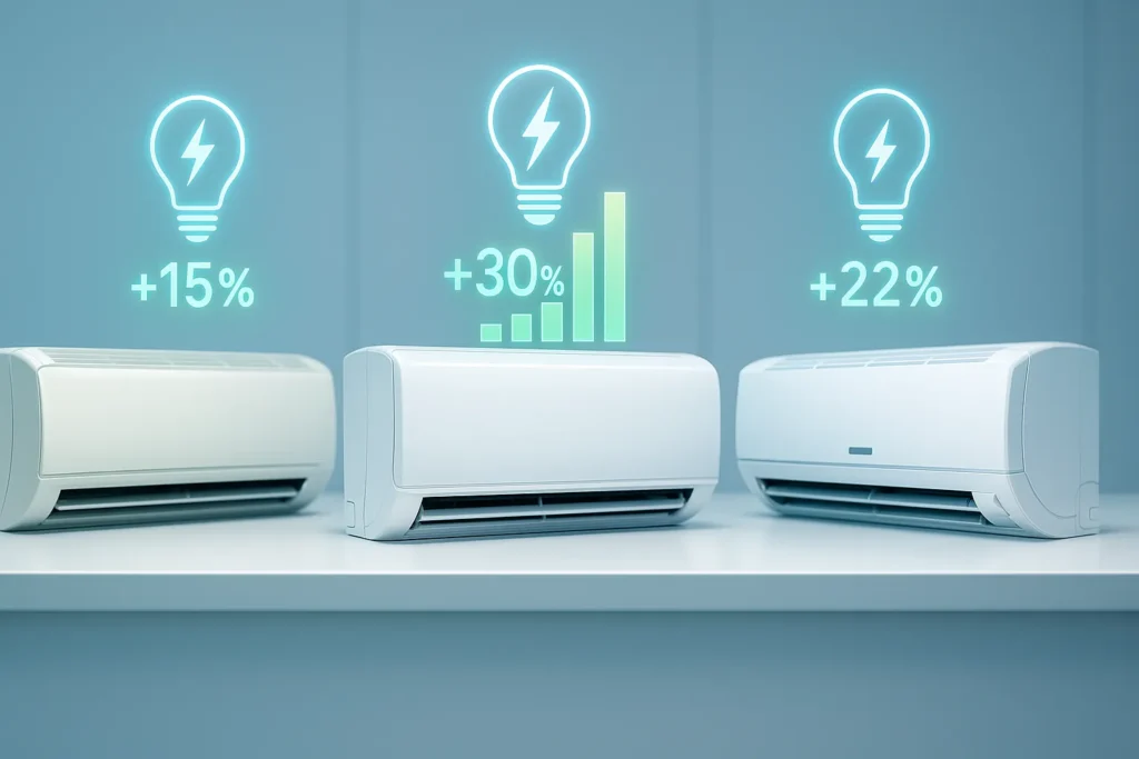 Ar Condicionado Que Gasta Menos Energia: 9 Modelos Que Economizam Até 70% Na Conta De Luz 1 Três Modelos De Ar-Condicionado Lado A Lado Com Gráficos Digitais Mostrando Percentuais De Economia De Energia.