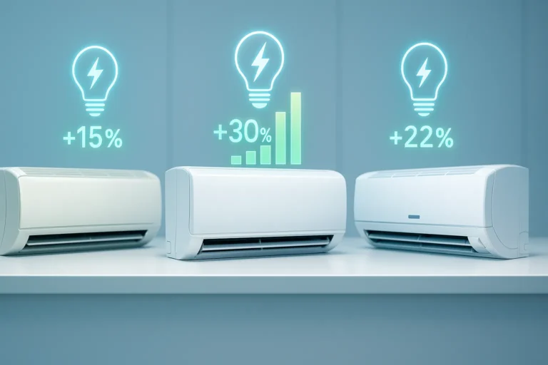 Três Modelos De Ar-Condicionado Lado A Lado Com Gráficos Digitais Mostrando Percentuais De Economia De Energia.