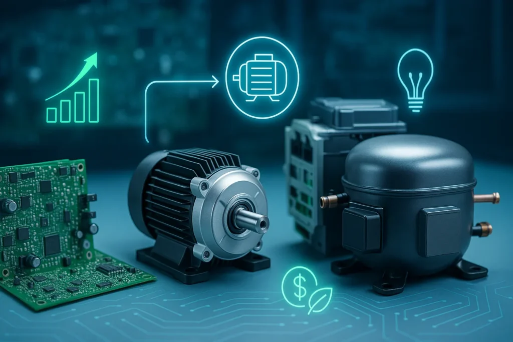 Ar Condicionado Que Gasta Menos Energia: 9 Modelos Que Economizam Até 70% Na Conta De Luz 2 Componentes Eletrônicos Modernos Com Gráficos Digitais Destacando Eficiência Energética.