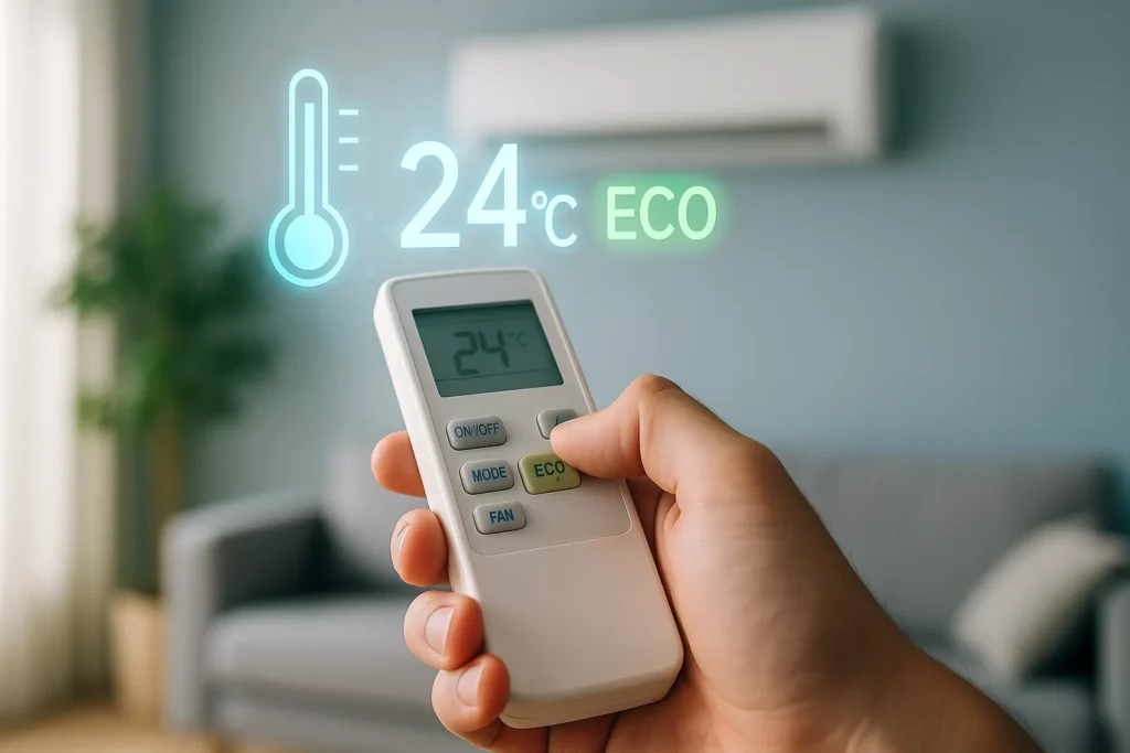 Ar Condicionado Que Gasta Menos Energia: 9 Modelos Que Economizam Até 70% Na Conta De Luz 7 Mão Ajustando Controle Remoto De Ar-Condicionado Com Ícones Digitais Mostrando Temperatura Ideal E Modo Econômico Ativado.