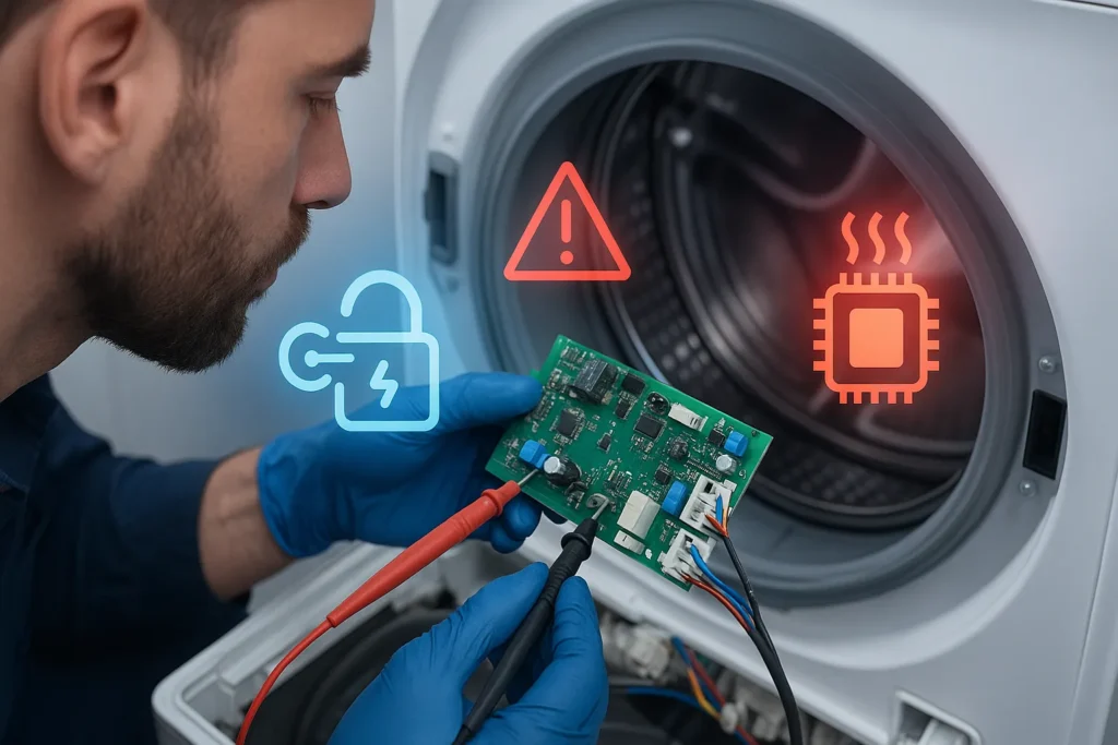 Máquina De Lavar Não Entra Água: 11 Causas E Soluções Definitivas Para Resolver Hoje 7 Técnico Examinando A Placa Eletrônica Da Lavadora Com Gráficos Digitais De Falha De Comunicação.