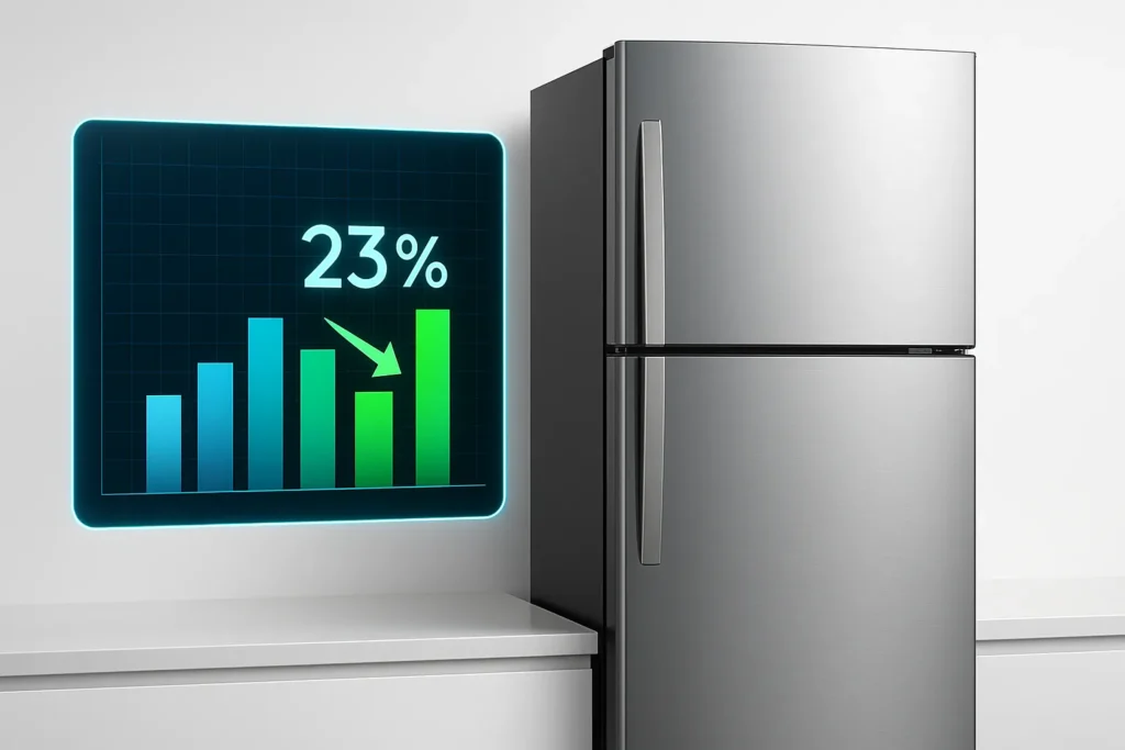 Geladeira Inverse Economiza Mesmo? 9 Verdades Que Ninguém Conta Sobre A Tecnologia 3 Geladeira Inverse Ao Lado De Gráfico Digital Mostrando Economia De Energia De 23%.