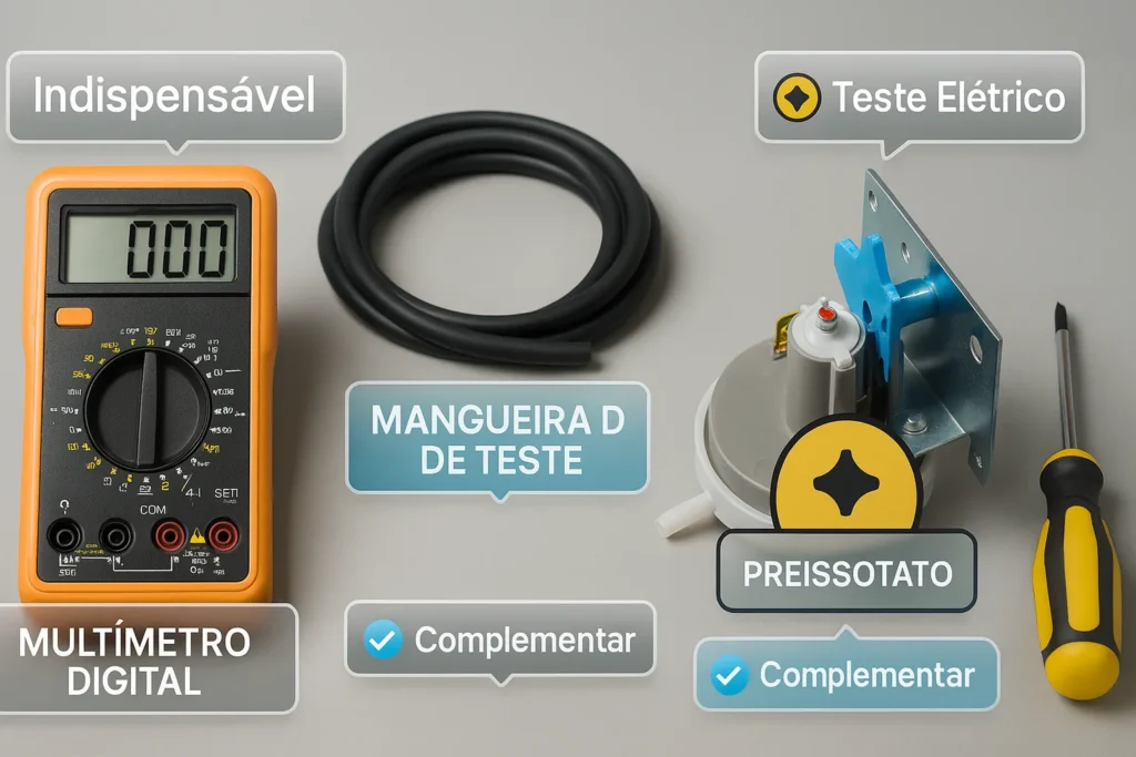 Ferramentas Para Teste De Pressostato Organizadas Em Bancada Com Etiquetas Digitais