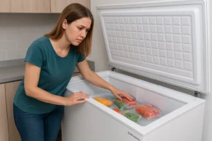 Freezer horizontal aberto com alimentos parcialmente derretidos e pessoa preocupada tocando o interior.