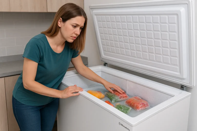 Freezer Horizontal Aberto Com Alimentos Parcialmente Derretidos E Pessoa Preocupada Tocando O Interior.