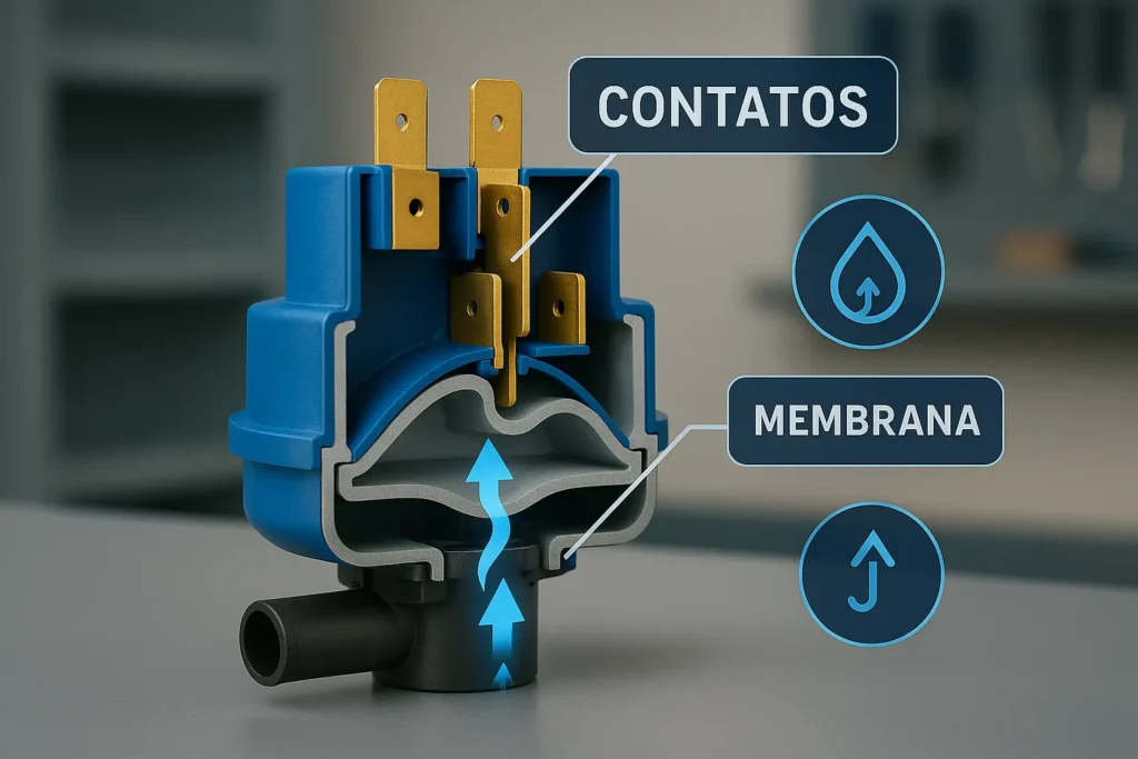 Corte Técnico Do Pressostato De Lavadora Com Setas Digitais Mostrando Fluxo De Ar E Funcionamento Da Membrana E Contatos