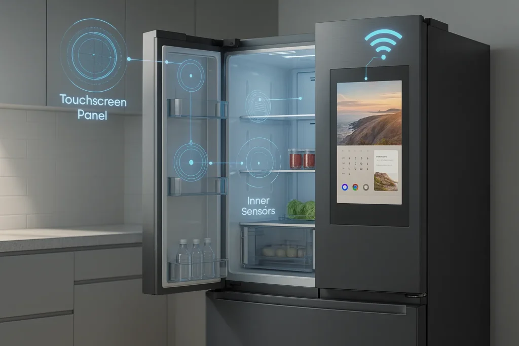 Geladeira Smart Vale A Pena? 15 Funções Inteligentes E Quando Realmente Compensam O Investimento 2 Geladeira Smart Aberta Mostrando Componentes Internos, Painel Touchscreen E Conectividade Wi-Fi Com Gráficos Digitais.