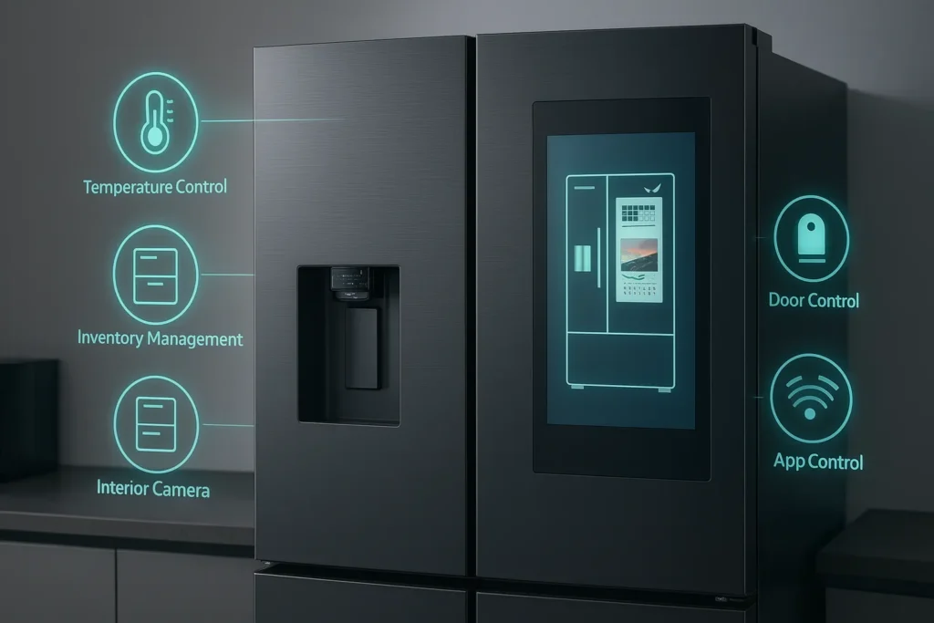 Geladeira Smart Vale A Pena? 15 Funções Inteligentes E Quando Realmente Compensam O Investimento 3 Geladeira Smart Em Cozinha Moderna Com Funções Digitais Flutuantes Visíveis.