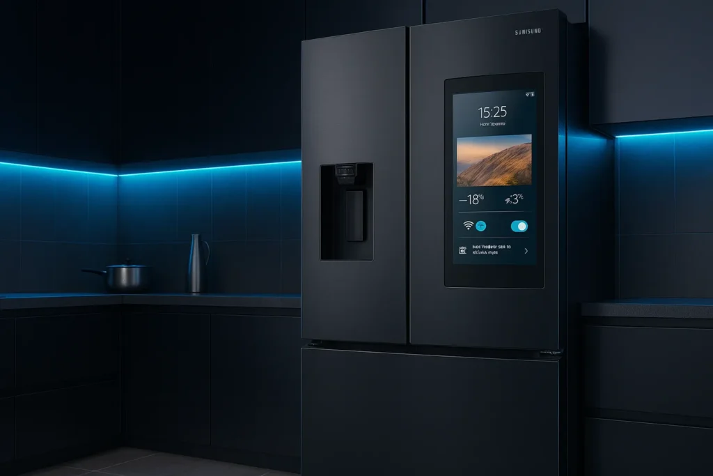 Geladeira Smart Vale A Pena? 15 Funções Inteligentes E Quando Realmente Compensam O Investimento 1 Geladeira Smart Samsung Family Hub Em Cozinha High-Tech Com Leds Azuis E Painel Digital Ativo.