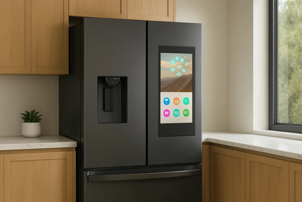 Geladeira Smart Vale A Pena? 15 Funções Inteligentes E Quando Realmente Compensam O Investimento 1 Geladeira Smart Samsung Family Hub Instalada Em Cozinha Moderna Minimalista Com Painel Touchscreen Ativo.