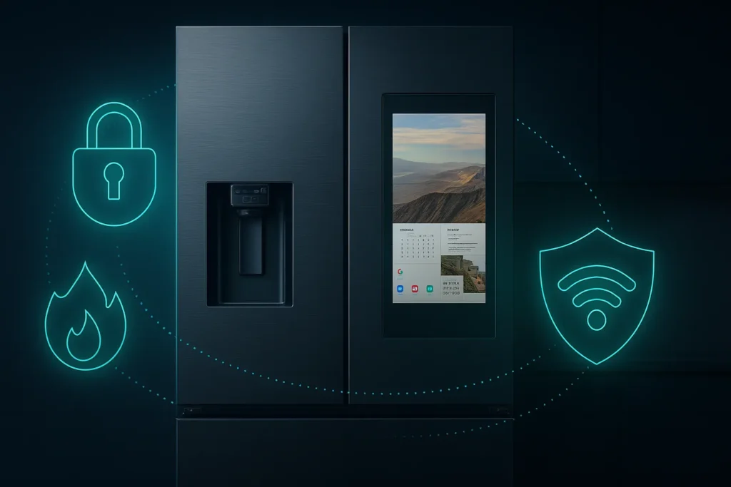 Geladeira Smart Vale A Pena? 15 Funções Inteligentes E Quando Realmente Compensam O Investimento 8 Geladeira Smart Com Ícones Digitais De Segurança, Firewall E Wi-Fi Protegendo O Sistema.