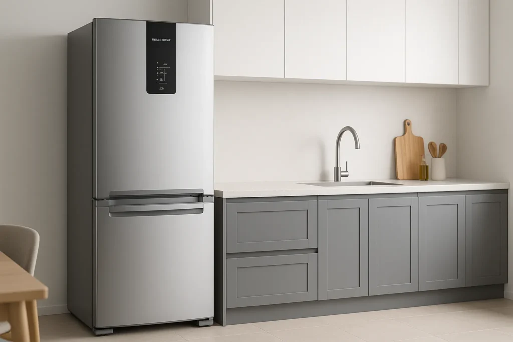 Geladeira Inox Smarttech Instalada Em Cozinha Moderna Com Armários Cinza E Bancada Clara.