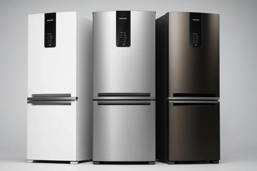 Geladeira Inverse Economiza Mesmo? 9 Verdades Que Ninguém Conta Sobre A Tecnologia 1 Três Geladeiras Modernas Inverse Lado A Lado Nas Cores Branca, Inox E Preta.
