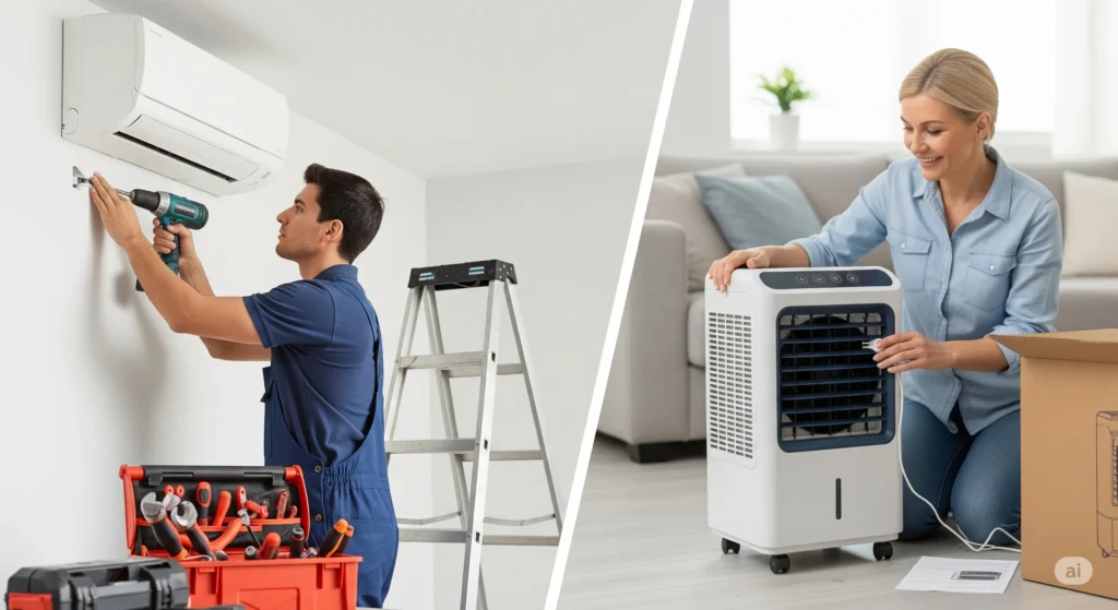 Ar Condicionado Ou Climatizador: 7 Diferenças Cruciais Que Definem A Escolha Certa 6 Cena Dividida Entre Técnico Instalando Ar-Condicionado E Pessoa Ajustando Climatizador.