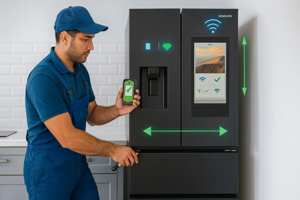 Geladeira Smart Vale A Pena? 15 Funções Inteligentes E Quando Realmente Compensam O Investimento 6 Técnico Instalando Geladeira Smart Samsung Com Gráficos Digitais De Conectividade E Nivelamento.