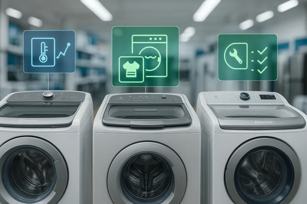 Lavadora Electrolux Não Solta Água: 13 Soluções Testadas Por Técnicos Especializados 6 Três Lavadoras Electrolux Lado A Lado Com Gráficos Digitais Flutuantes De Dicas Específicas.