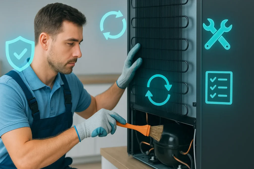 Freezer Não Congela Direito: 14 Defeitos Mais Comuns E Como Resolver Cada Um 7 Técnico Realizando Limpeza Das Bobinas Traseiras De Um Freezer Com Gráficos Digitais De Manutenção.