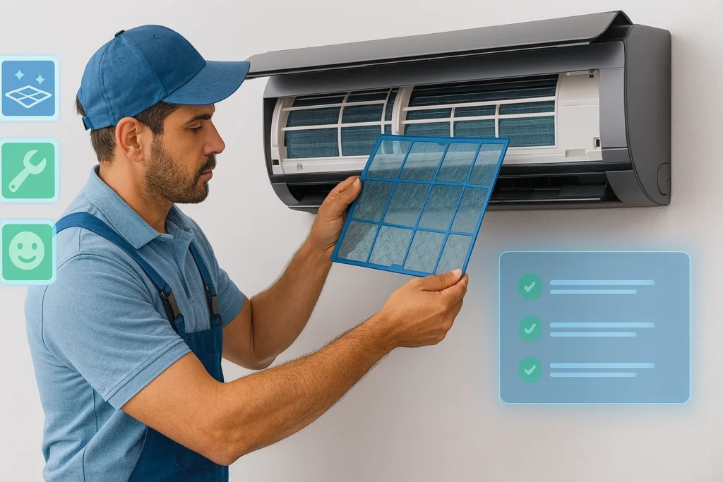 Ar Condicionado Não Liga: 16 Causas E Soluções Testadas Por Técnicos 5 Técnico Realizando Manutenção Preventiva Em Ar-Condicionado Split, Limpando Os Filtros Com Gráficos Digitais De Orientação.