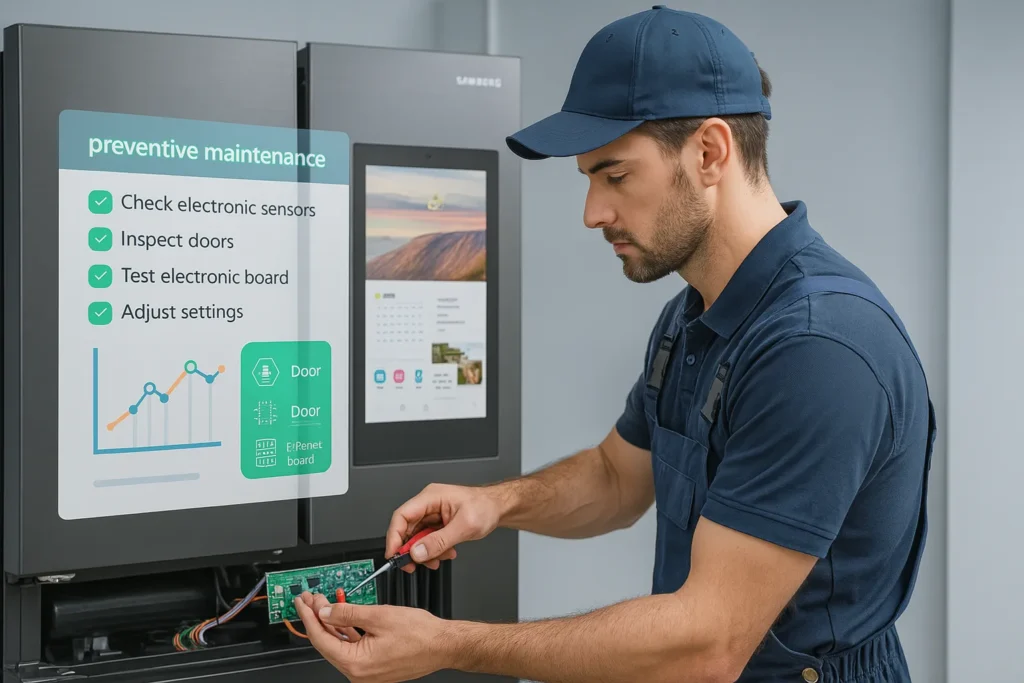 Geladeira Smart Vale A Pena? 15 Funções Inteligentes E Quando Realmente Compensam O Investimento 7 Técnico Realiza Manutenção Em Geladeira Smart Com Checklist Digital Flutuante E Gráficos De Diagnóstico.