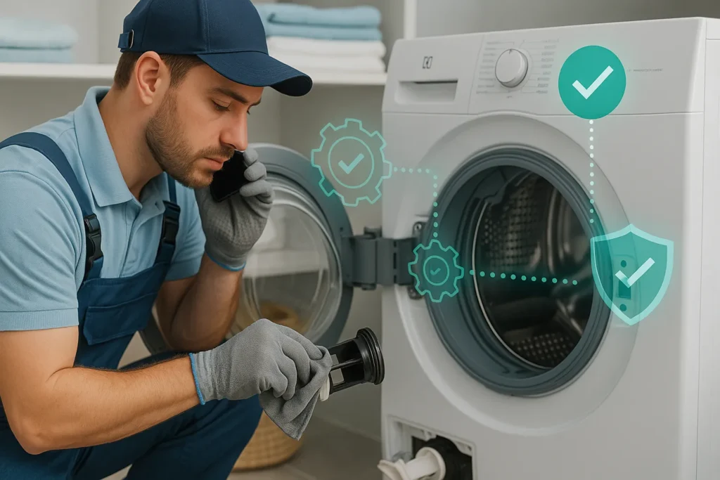 Máquina De Lavar Não Entra Água: 11 Causas E Soluções Definitivas Para Resolver Hoje 8 Técnico Realizando Manutenção Preventiva Em Lavadora Electrolux, Limpando O Filtro Com Gráficos Digitais Educativos.
