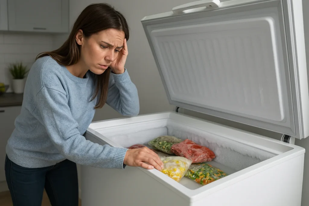 Freezer Não Congela Direito: 14 Defeitos Mais Comuns E Como Resolver Cada Um 2 Mulher Preocupada Observando Alimentos Descongelando Em Freezer Residencial.