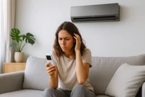 Pessoa frustrada tentando ligar ar-condicionado LG Dual Inverter com controle remoto apagado.