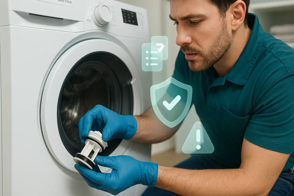 Lavadora Electrolux Não Solta Água: 13 Soluções Testadas Por Técnicos Especializados 5 Pessoa Preocupada Ao Telefone Enquanto Técnico Se Aproxima Com Caixa De Ferramentas Para Assistência Na Lavadora.